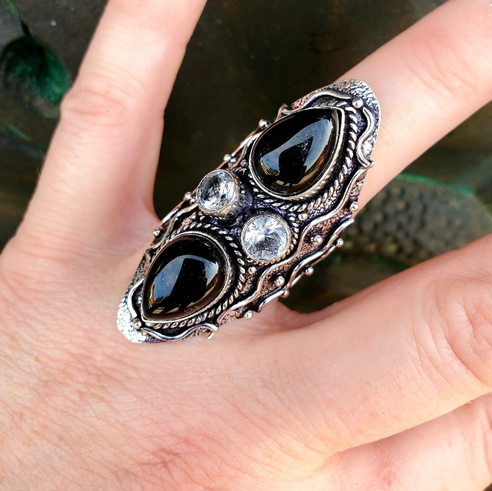 New Black Onyx & White Topaz 925 Silver Statement Ring.